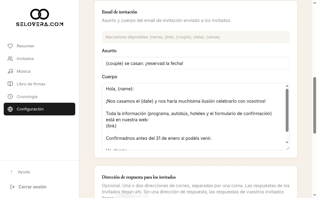 Pestaña Envío, correo de invitación con variables