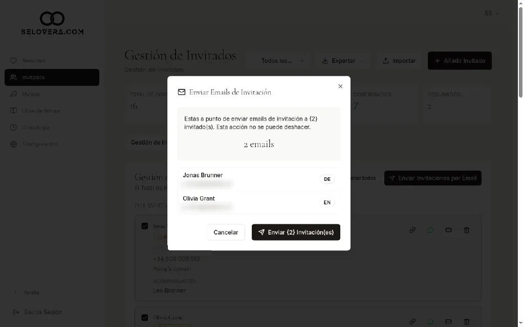 Diálogo Enviar correos de invitación