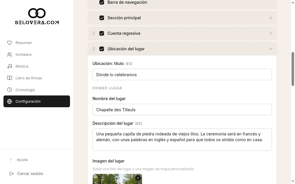 Lugar de la celebración desplegado