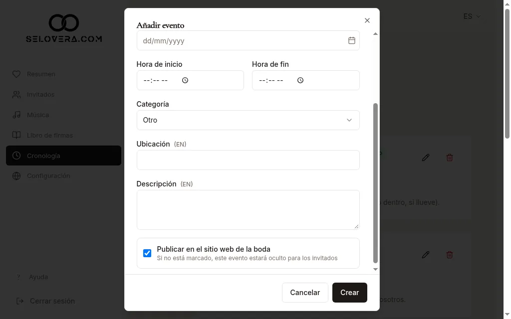 Diálogo Añadir evento con Publicar en el sitio web de la boda