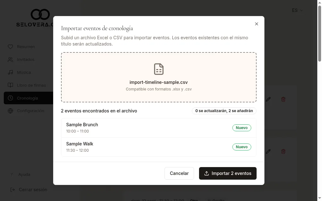 Vista previa del diálogo de importación