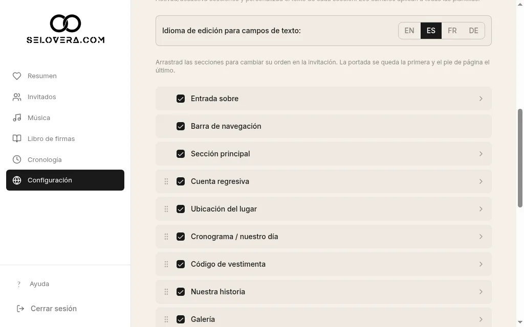 Pestaña Contenido, selector del idioma de edición