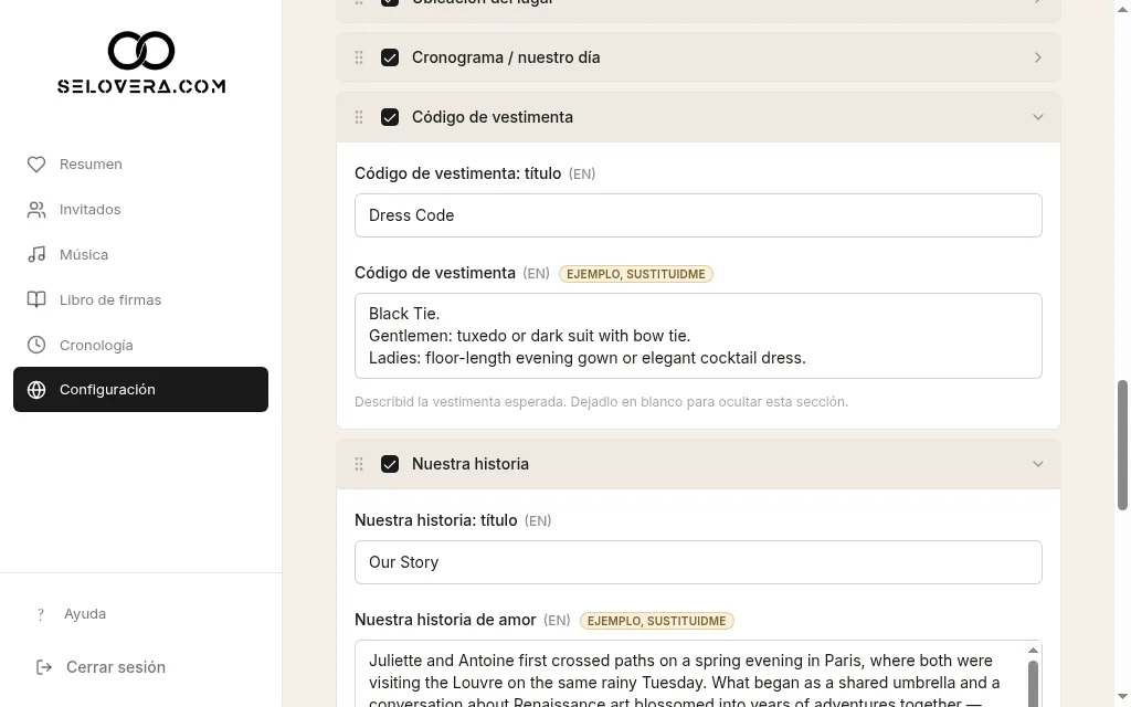 Sección desplegada con campos de texto y una etiqueta de ejemplo