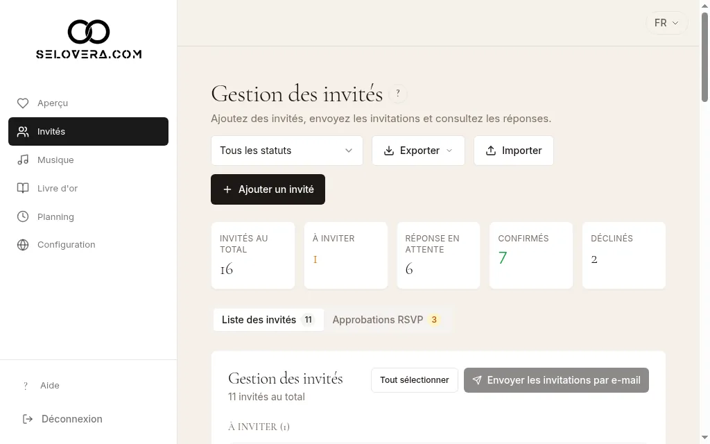 Liste des invités avec filtre de statut