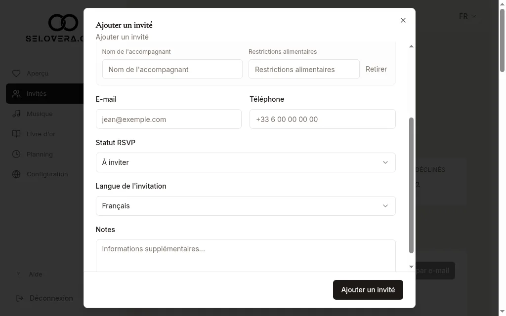 Fenêtre Ajouter un invité avec un accompagnant et la langue d'invitation