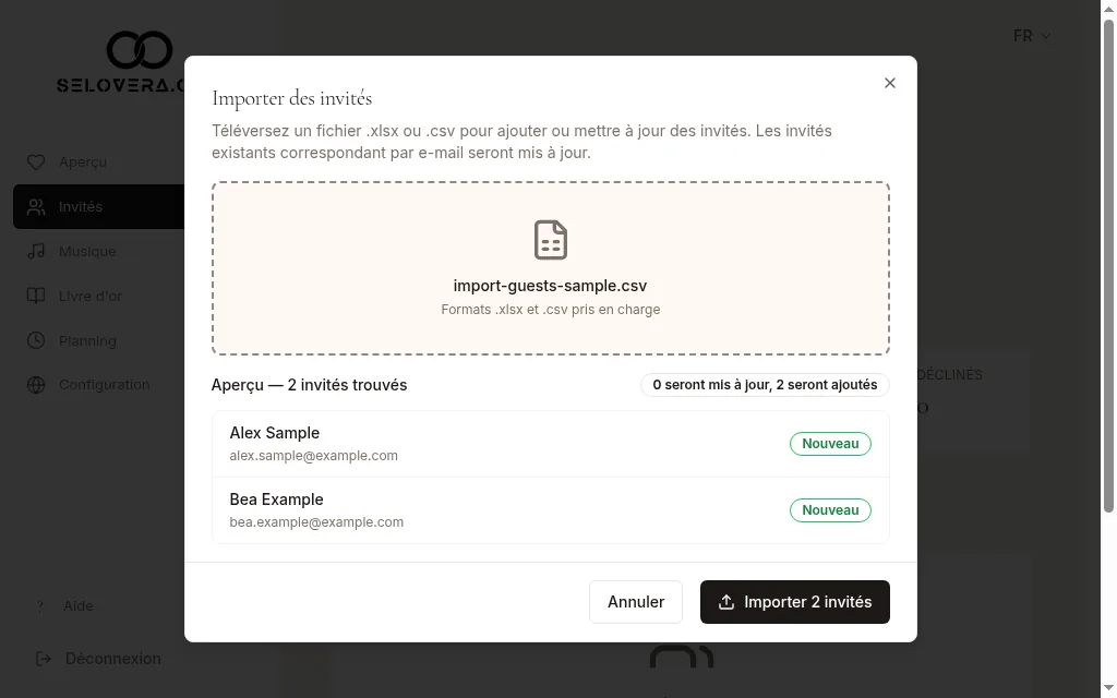 Aperçu de l'import des invités