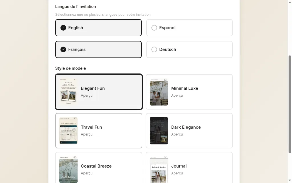 Étape Design et langue, avec un design et des langues sélectionnés