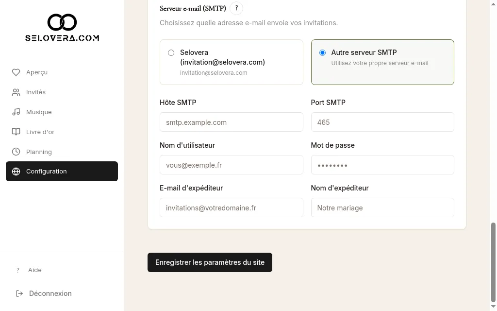 Choix du serveur e-mail (SMTP)
