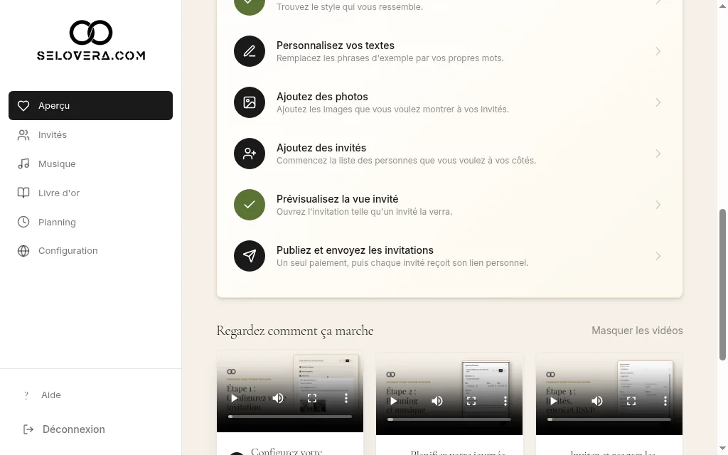 Vue d'ensemble avec la liste de contrôle et les vidéos