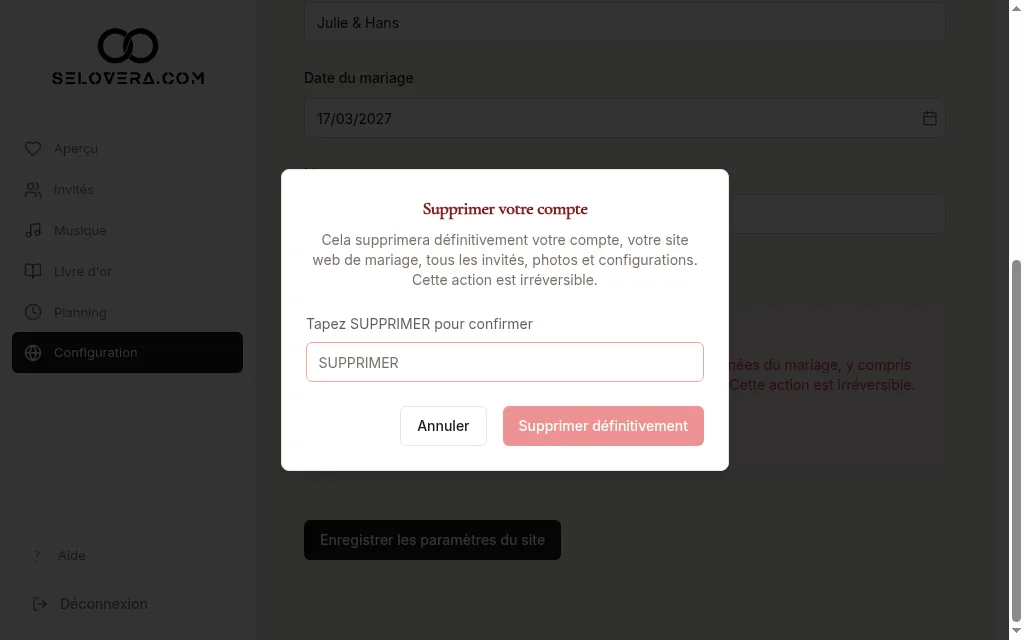 Fenêtre de confirmation de suppression