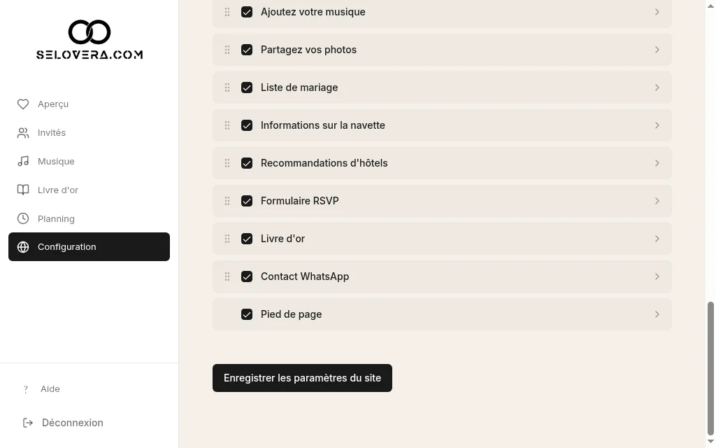 Case de la section Livre d'or dans Configuration › Contenu
