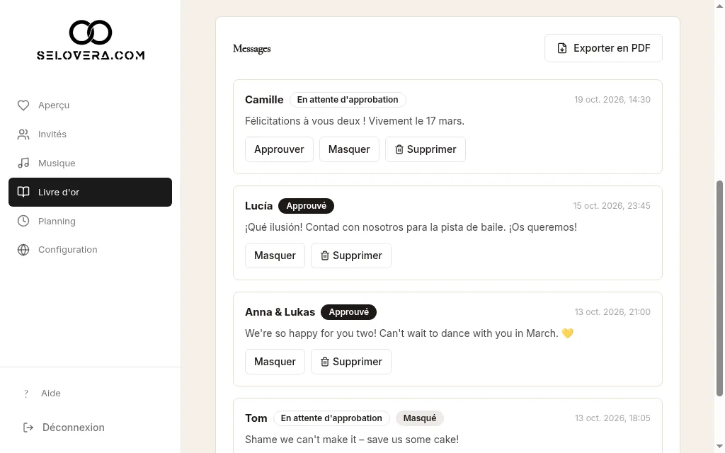 Liste des messages avec Approuver, Masquer, Supprimer et Exporter en PDF