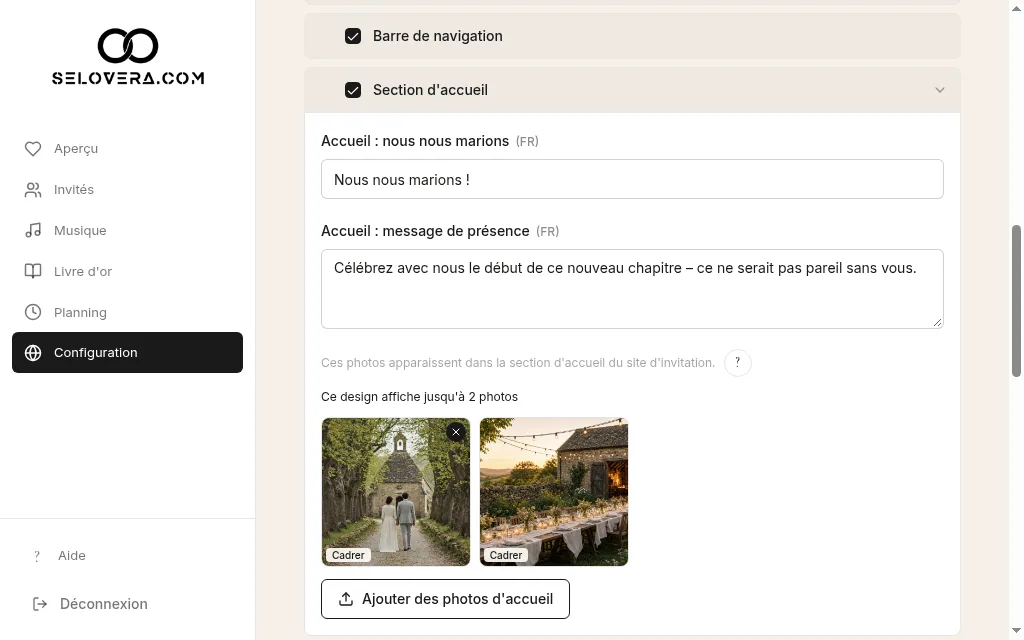 Section d'accueil dépliée, avec la note « jusqu'à 2 photos » et Ajouter des photos d'accueil