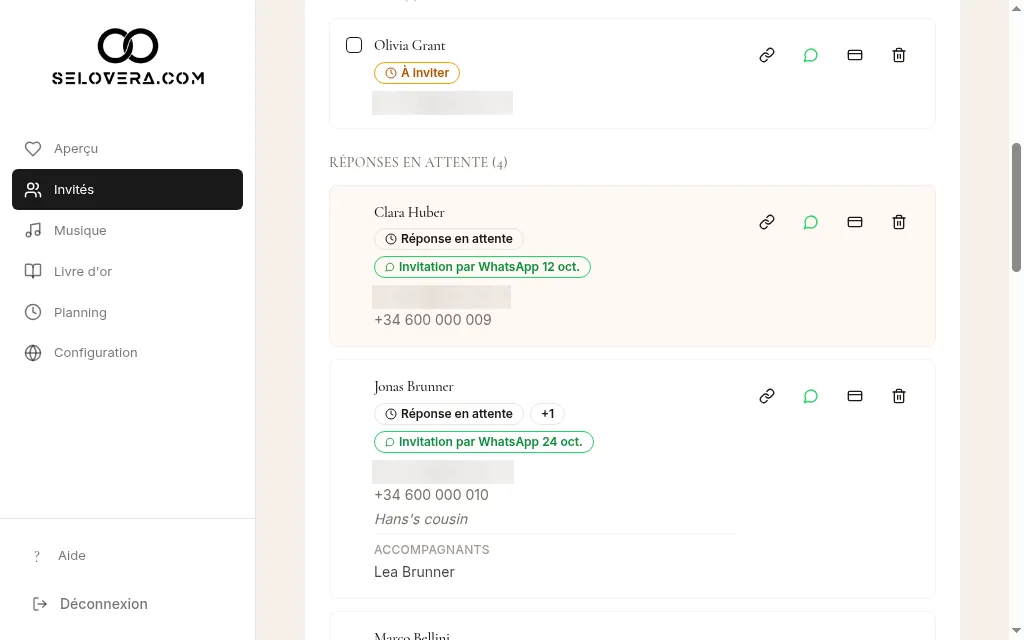 Ligne d'invité avec les icônes WhatsApp et copier le lien