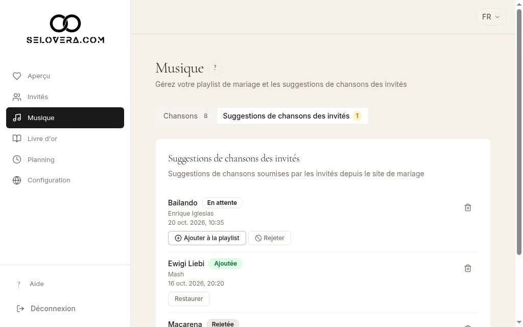 Suggestions des invités avec Ajouter à la playlist et Écarter
