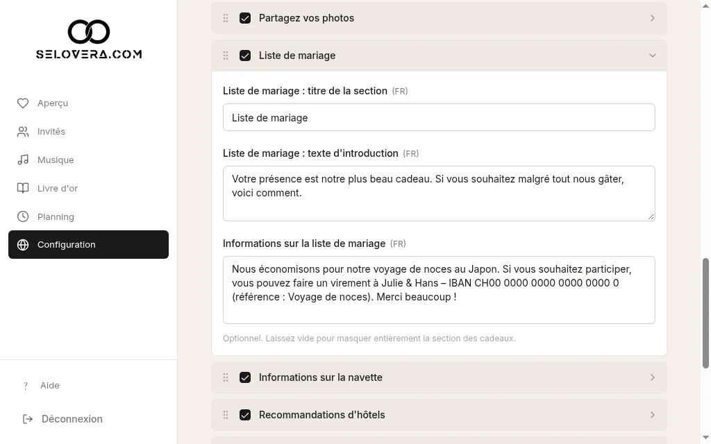 Liste de mariage dépliée