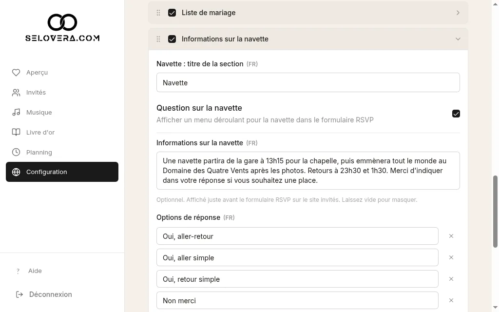 Question sur la navette avec les options de réponse