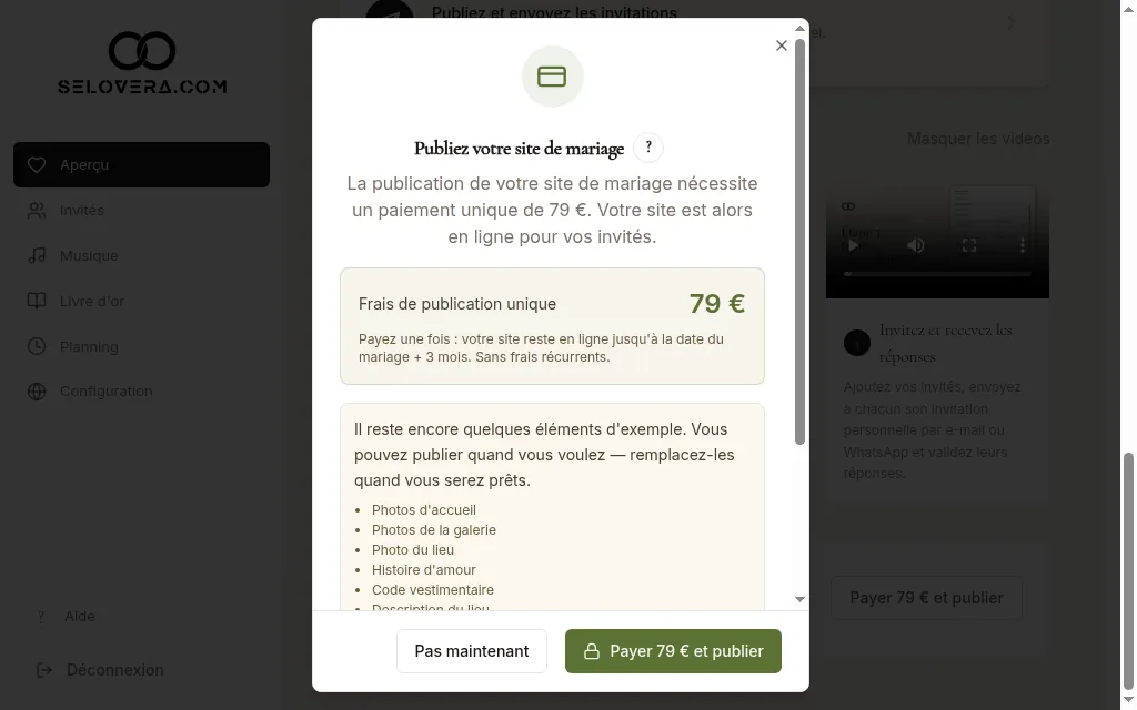 Fenêtre Publiez votre site de mariage
