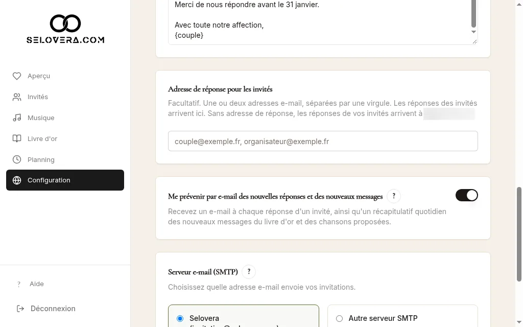 Onglet Envoi, interrupteur de notifications et adresse de réponse pour les invités