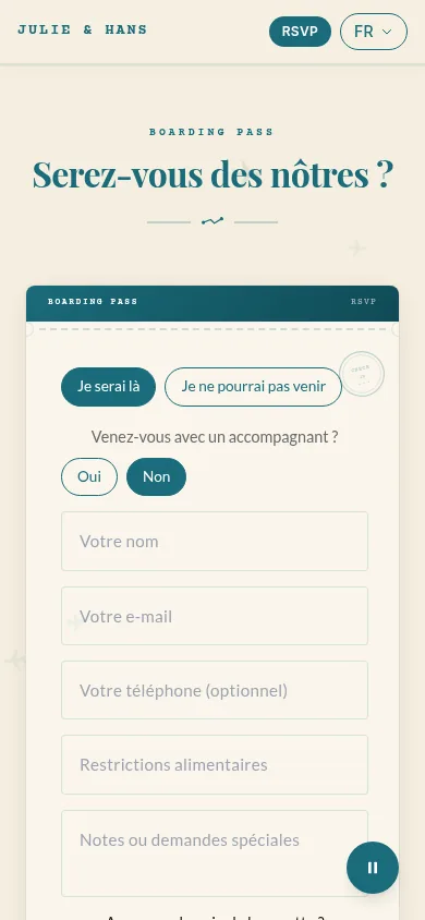 Formulaire RSVP de l'invitation, vue téléphone, présence confirmée