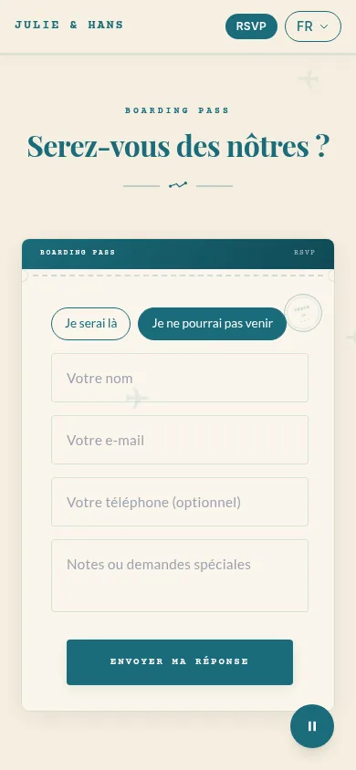 Le même formulaire après avoir choisi de ne pas venir