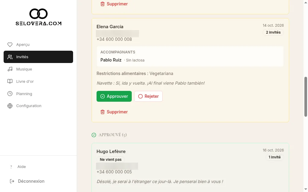 Approbations RSVP avec des réponses en attente et approuvées