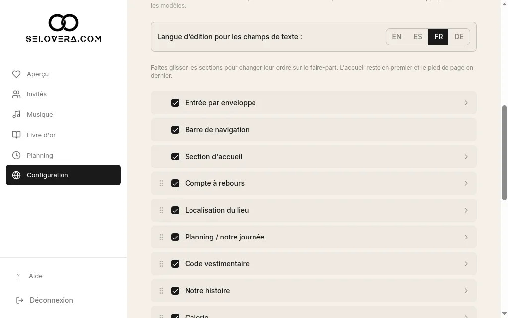 Liste des sections avec cases à cocher et poignées de déplacement