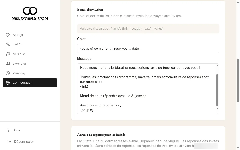 Onglet Envoi, e-mail d'invitation avec des variables
