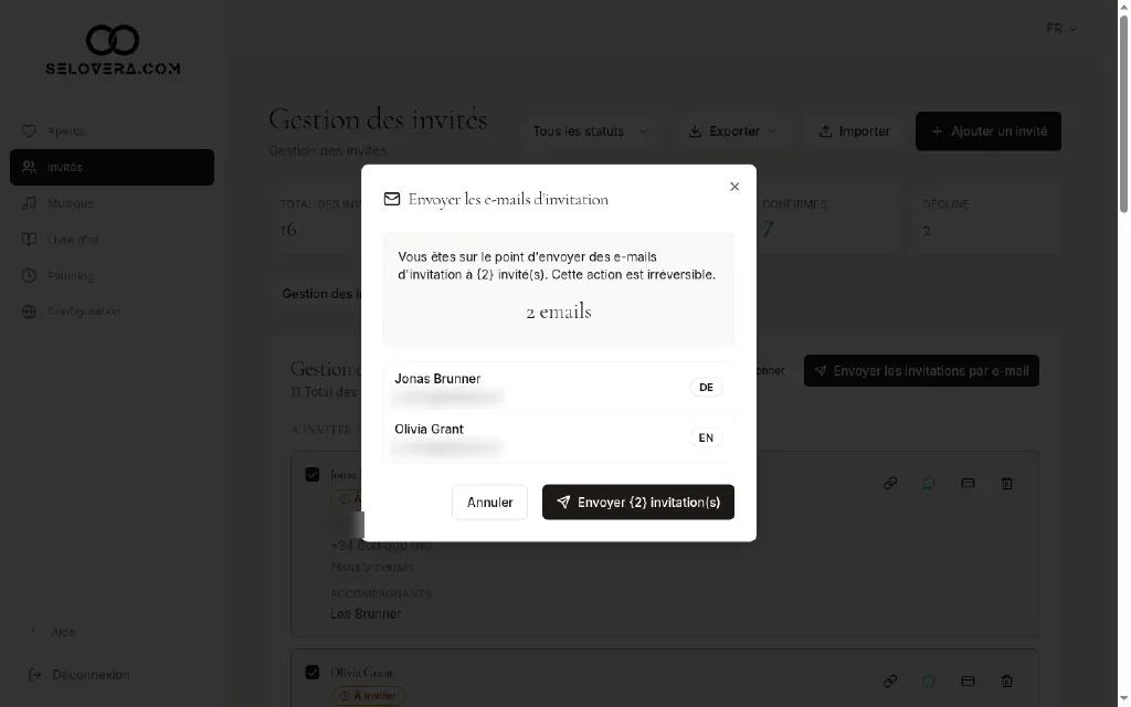 Fenêtre Envoyer les e-mails d'invitation
