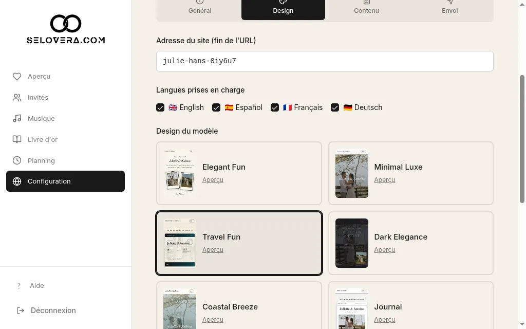 Onglet Design, adresse du site et langues prises en charge