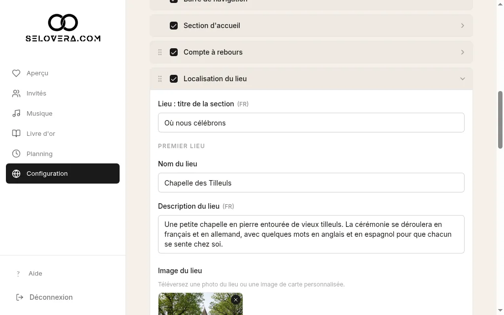 Lieu de la réception déplié