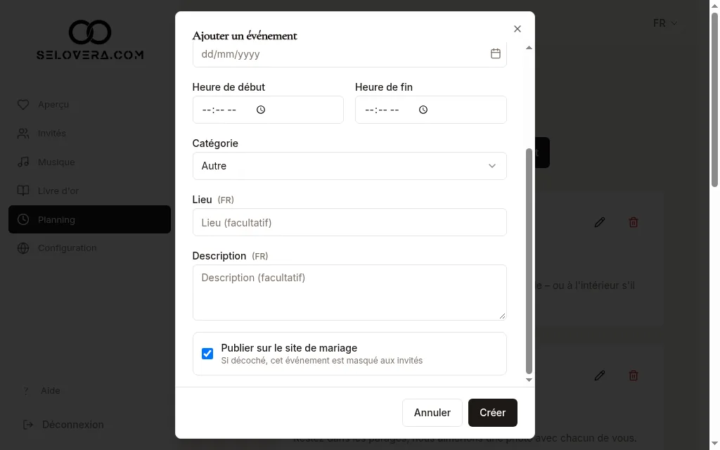 Fenêtre Ajouter un événement avec Publier sur le site de mariage